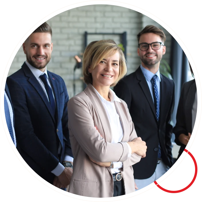 Three smiling business professionals woman in front