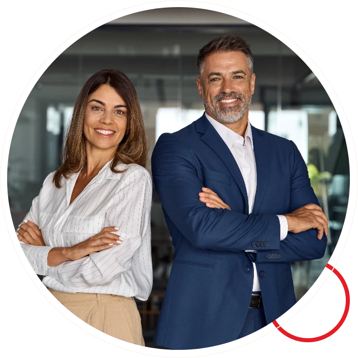 Two smiling business team members standing shoulder to shoulder white outline
